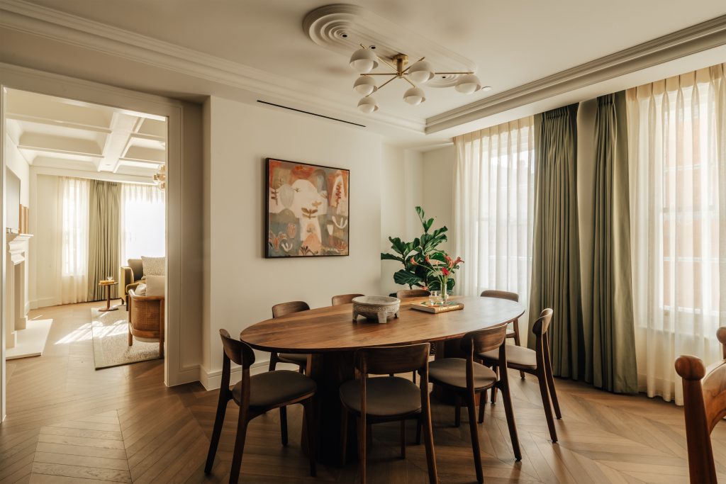 Dining area seating eight at Claridge House luxury apartments, Mayfair London W1K