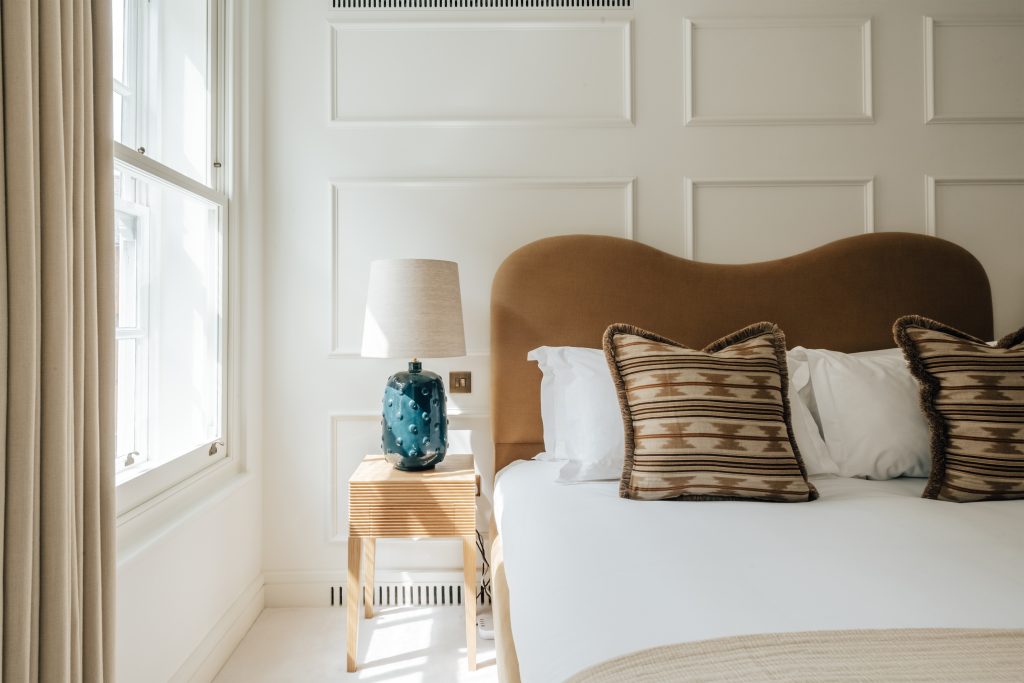 Super king Hypnos bedroom at Claridge House luxury apartments, Mayfair London W1K