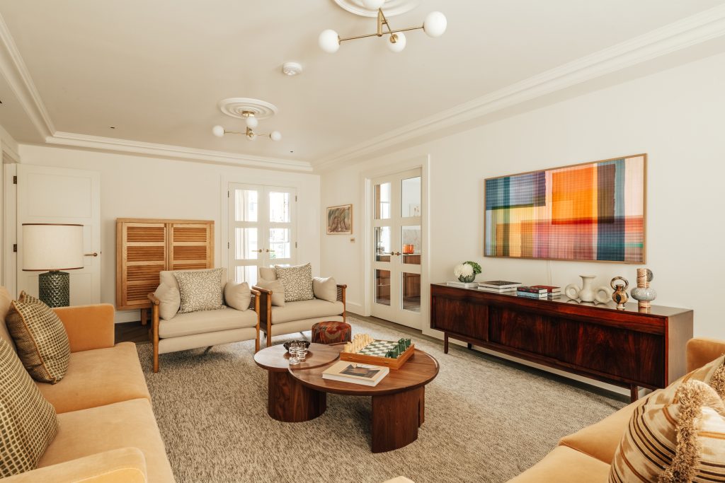 Open-plan living room at Claridge House luxury apartments, Davies Street Mayfair London W1K