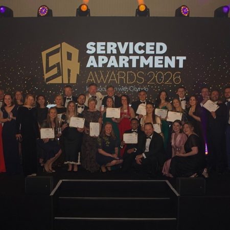 Nestor team receiving Best interipr desisng and best Property 1-20 units at the Serviced apartment awards 2026